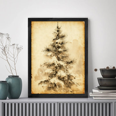 Arbre de Noël noir encadré noir, impression d'art de style lavis à l'encre