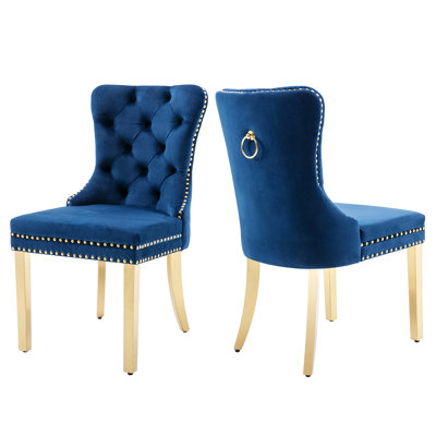 Velvet Dining Chairs Set of 2, Elegant Tufted & Nailhead, Wood Legs, Soft Upholstery, Stylish Display with Pull Ring, Ergonomic High Back Support for Dining Rooms Use, Easy and Quick Assembly, Blue
