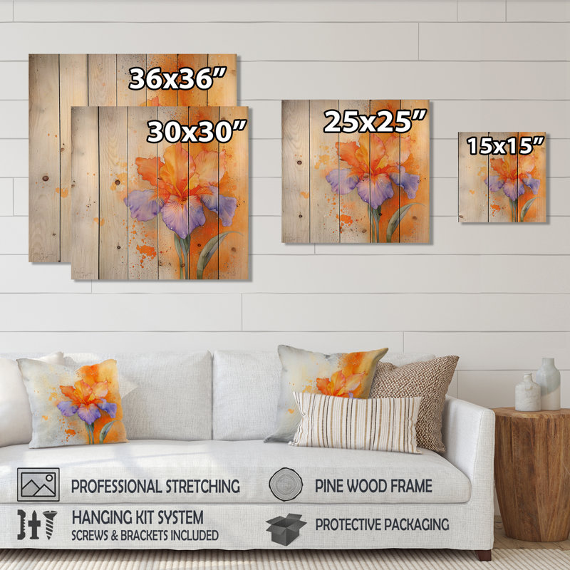 Mauve et orange, rêve éternel d'Iris II - iris, art mural sur bois de pin naturel, H 15 po x l 15 po x P 0,78 po
