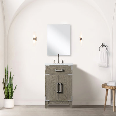 Meuble-lavabo simple en chêne gris avec comptoir scellé en acrylique deux fois et miroir 18 po D Fine Top - Pièce élégante