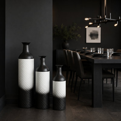 Ensemble de 3 vases de sol gigognes en métal, vases décoratifs hauts texturés noirs et blancs pour salon