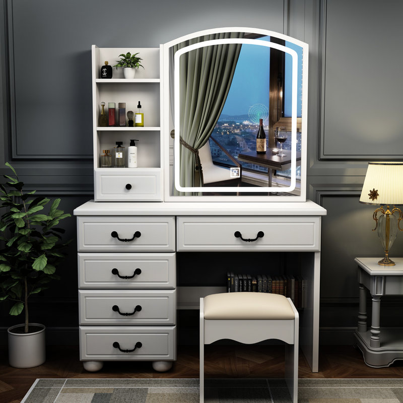 Bureau de coiffeuse élégant avec lumières et miroir - 3 options de couleurs, boîte de tiroir cubique