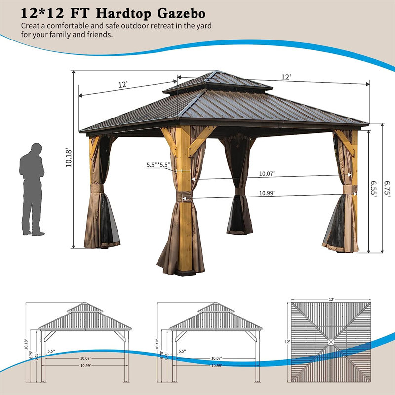 12'X12' Hardtop Gazebo, Gray/Yellow