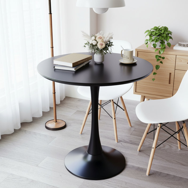 24" Tulip Round Pedestal Dining Table With Metal Base,Black, Black, 29.1" H x 23.6" L x 23.6" W