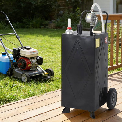 30 Gallon Portable Fuel Caddy with Rotary Pump, Spill-Proof Gas & Diesel Tank with 2 Wheels & Hose