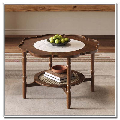 Table basse à forme pétale et verre à motif craquelé blanc, table basse à 2 niveaux avec rotin