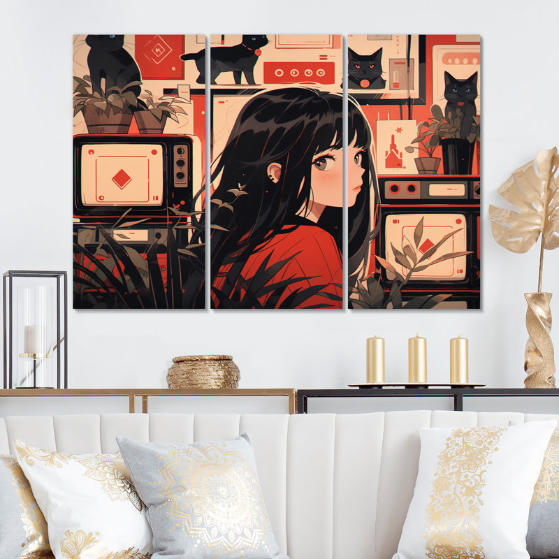 Personnage d'anime féminin III sur toile, reproduction de 3 pièces, H 40 po x l 60 po x P 1 po