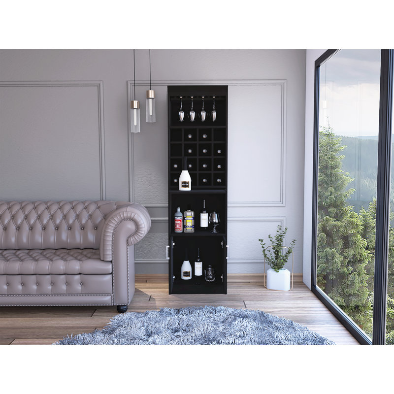 Kava 71" Tall Bar Cabinet with 16 Cubbies, Shelf, Concealable Tray and Double Door, Black