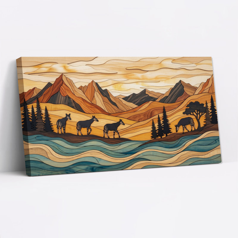 «Layered Wood Style», art rayé sur toile, paysage de montagne, 32“W x 16”H