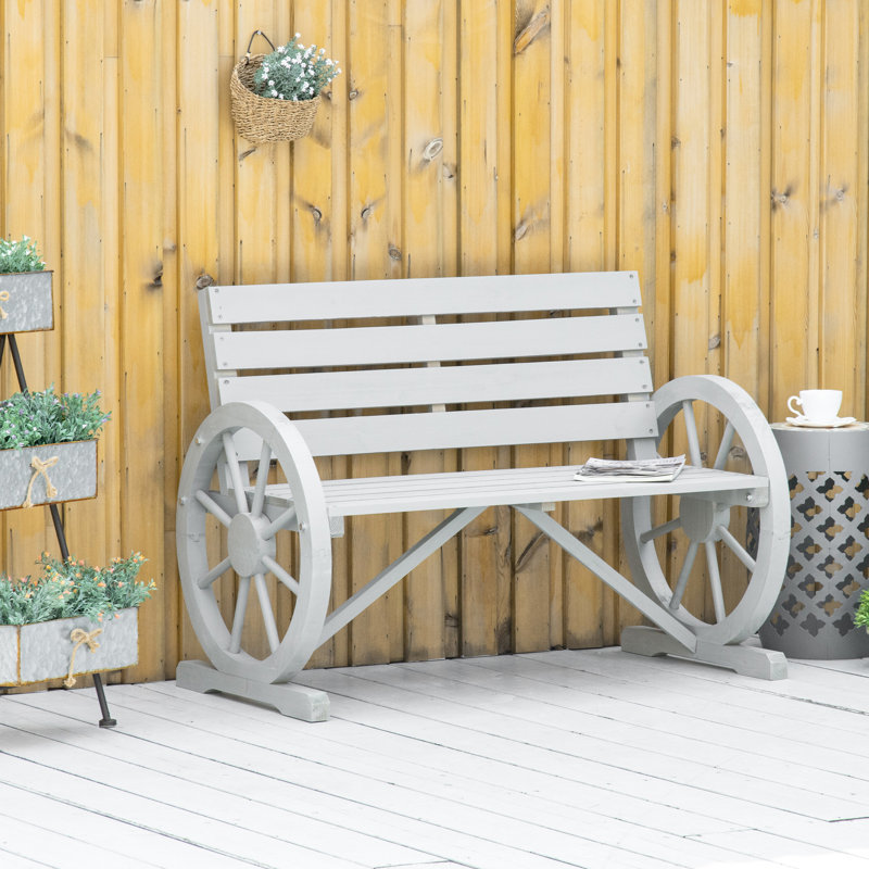 Rustic Outdoor 41" Seat Bench - Wooden Wagon Wheel, Gray, Weather , , 2, Solid Fir Wood Construction Gray Bench, With Wheel And Weather-