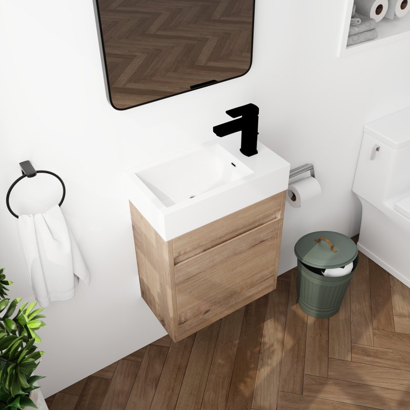 Ajahn 18" Wall Mounted Single Bathroom Vanity Set, Floating Bathroom Vanity with Soft Close Door, Resin Top, Brown