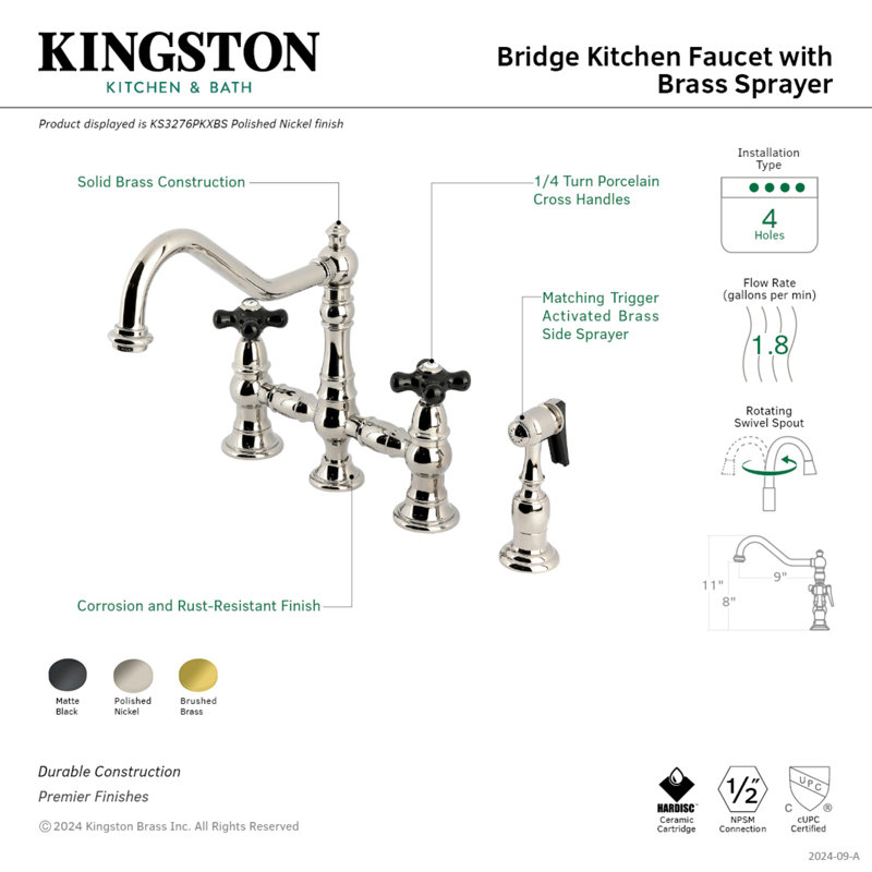 Kingston Brass Duchess Two-Handle 4-Hole Deck Mount Bridge Kitchen Faucet with Brass Side Sprayer, Matte Black