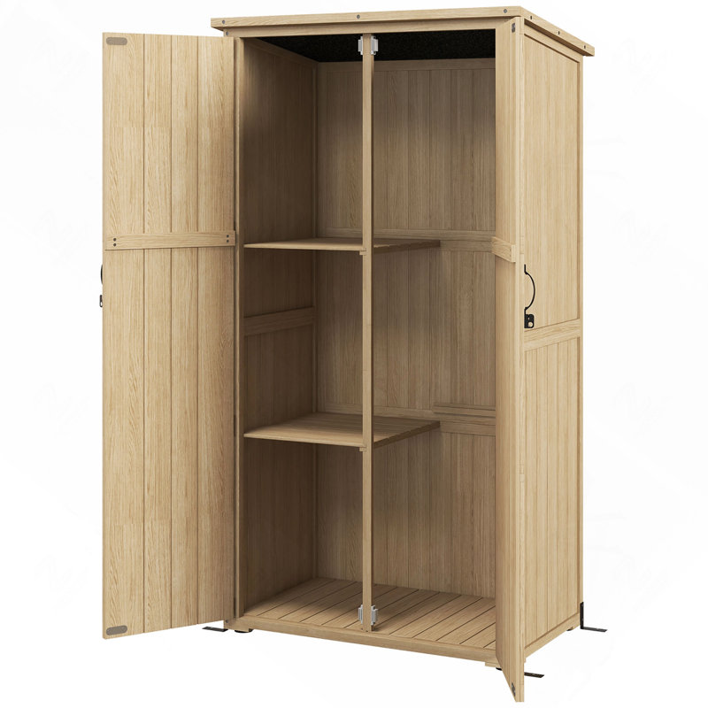 Abri de jardin étroit en bois avec toit en asphalte étanche et portes verrouillables, couleur naturelle