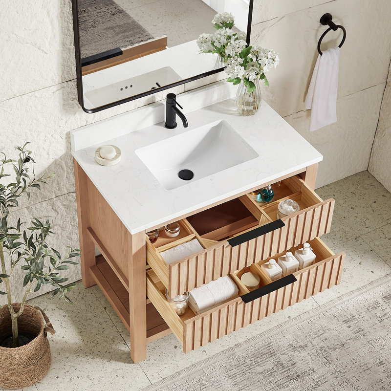Chapdelaine 36" Single Bath Vanity in White Grain Composite Stone Top, Aged Natural Oak/Matte Black
