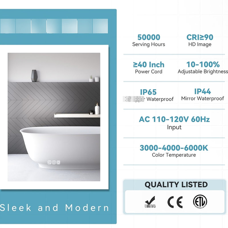 Wall Mounted 36" X 28" Bathroom Mirror With Led , 5 Mins , 3 Colors Adjustable, Full Hd Reflection Intensity Led, Dimmable,