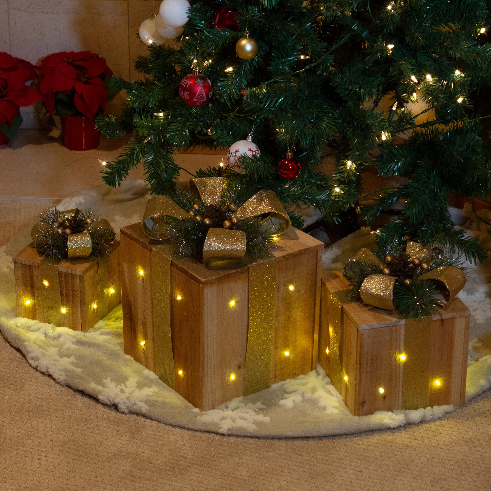 Weather Resistant Wood Christmas Decoration, Gold Ribbon