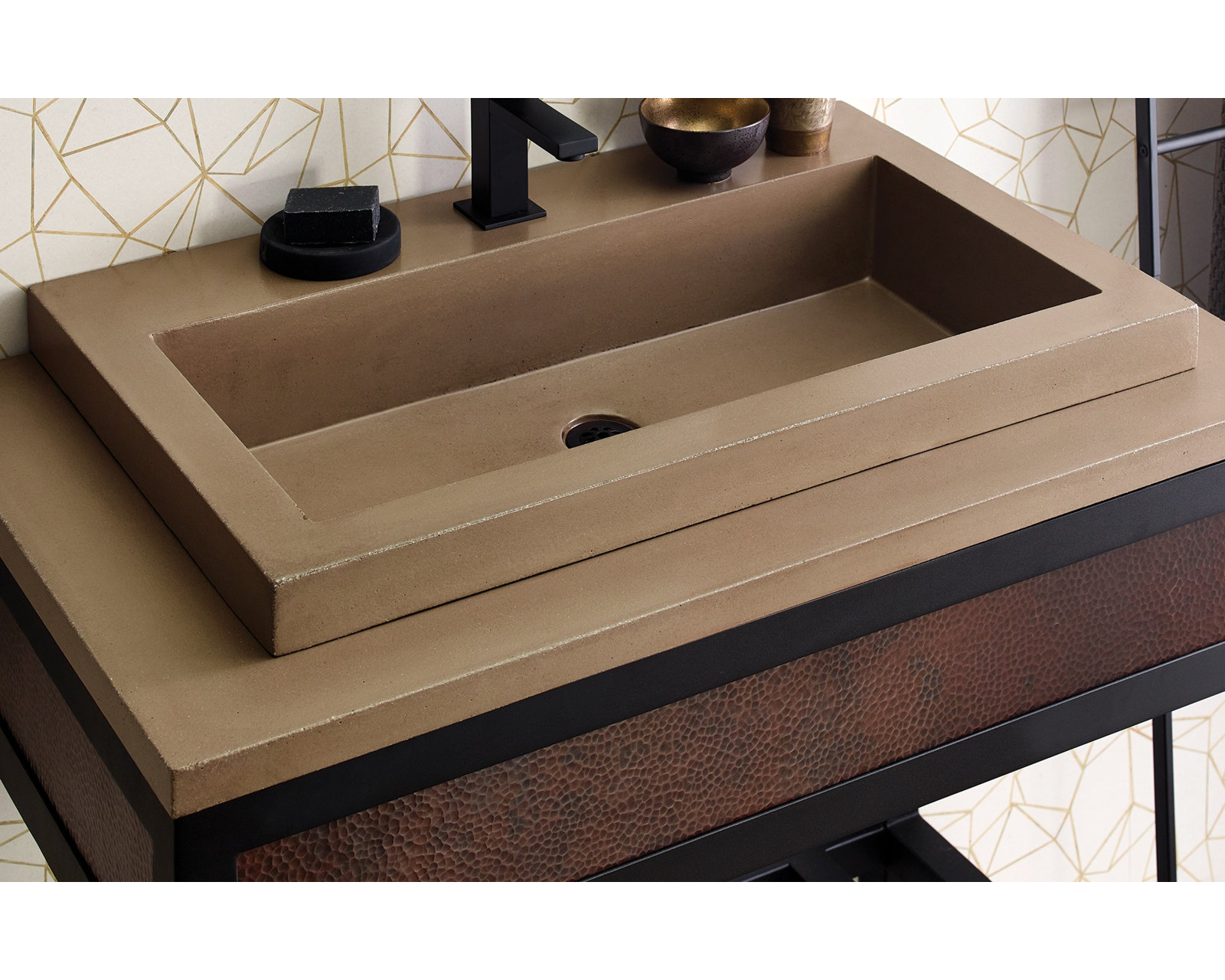 NativeStone Trough Concrete Drop-In Sink, Earth, Single Faucet Hole
