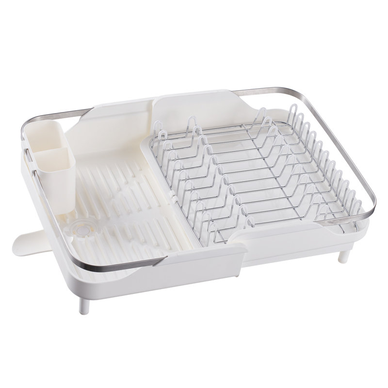 Expandable White and Stainless Steel Dish Drying Rack with Utensil Cup
