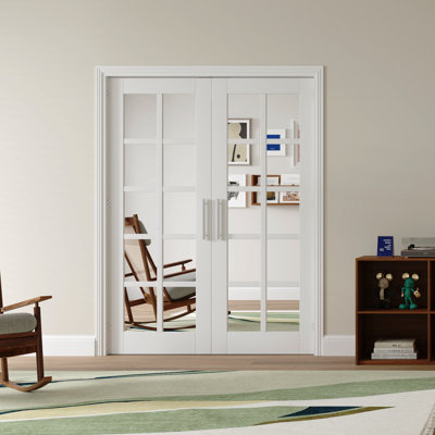 Interior French Doors Modern Closet Door Mirrored Surface Pantry Door Primed With Adjustable Ball Catch/Handle