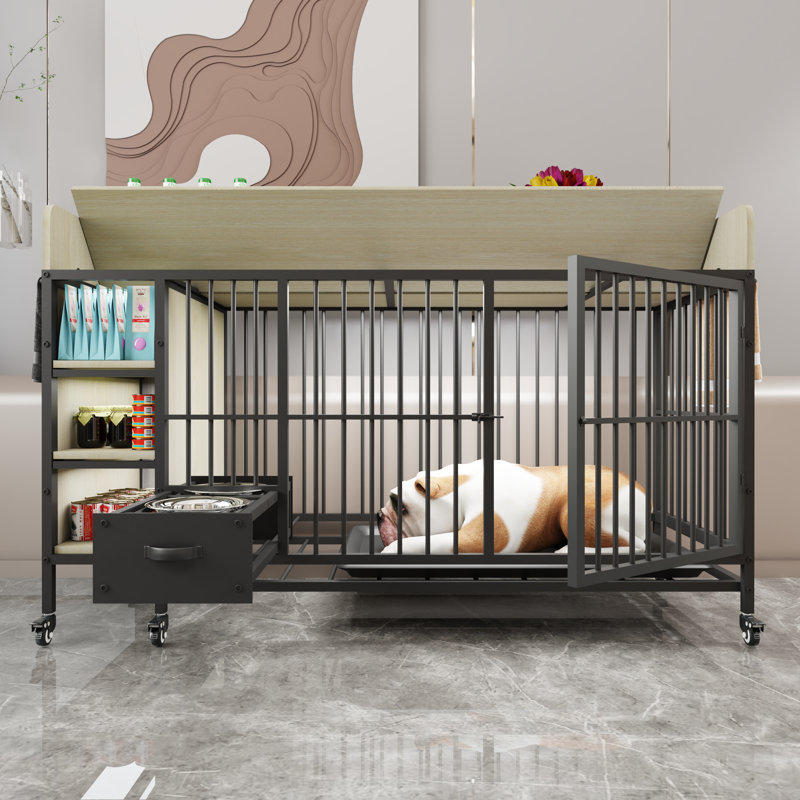 Grande cage pour animaux de compagnie avec support de rangement, tiroirs avec bac à nourriture et à eau en acier inoxydable, structure en fer et matériau en bois aggloméré, robuste, exquis et pratique (noir + beige)