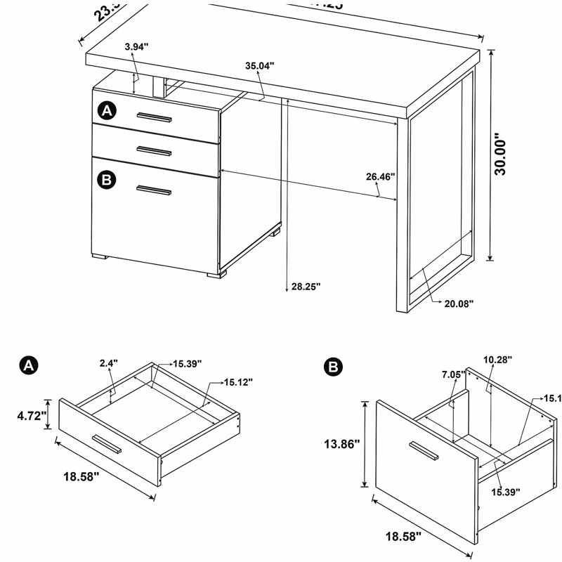 Bureau blanc réversible à 3 tiroirs, Blanc / argenté