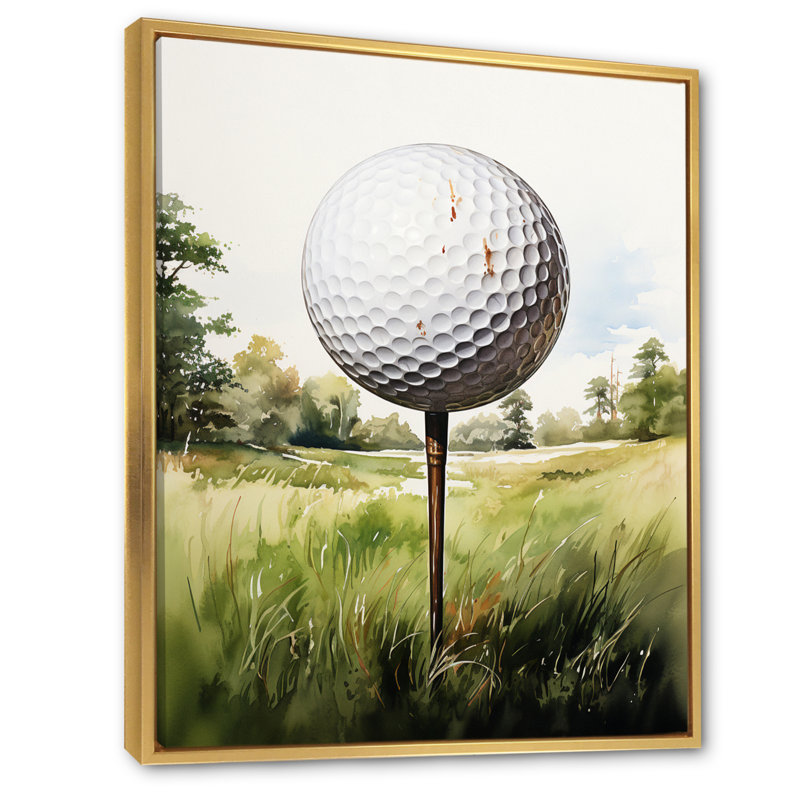 Minimalisme, balle de golf I - art mural de golf pour le salon, Cadre flottant doré, H 40 po x l 30 po x P 1,5 po