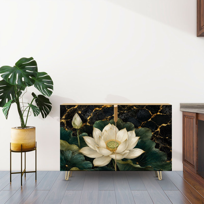 Buffet Buffet avec rangement Élégante fleur de lotus blanche à feuilles vertes et or noir avec 2 portes pour le salon et la cuisine