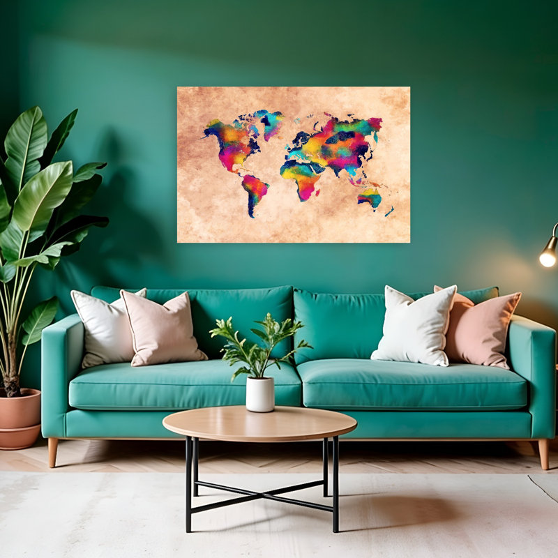 Carte du monde, art mural contemporain, 32" H x 48" W