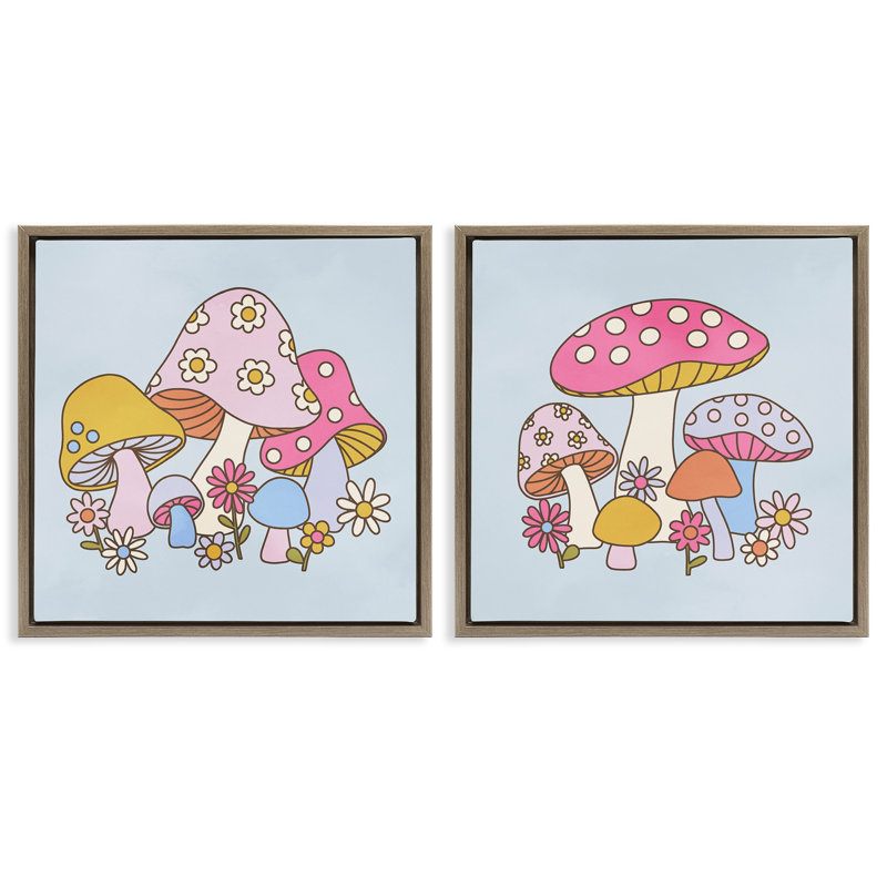 Ensemble de 2 toiles flottantes encadrées Groovy Floral Mushroom par Victoria Barnes, H 18 po x l 18 po