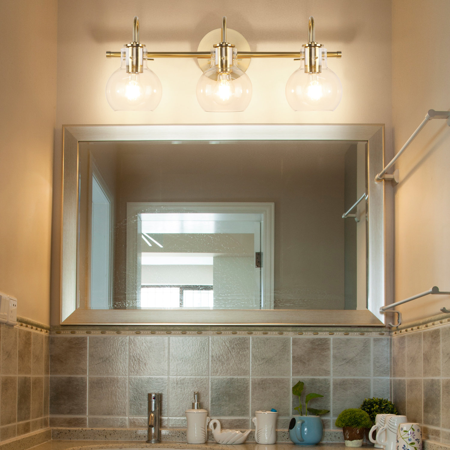 SOLFART Brushed Nickel Bathroom Light Fixtures Wall Lighting Sconce(3 Lights) Over Mirror ...