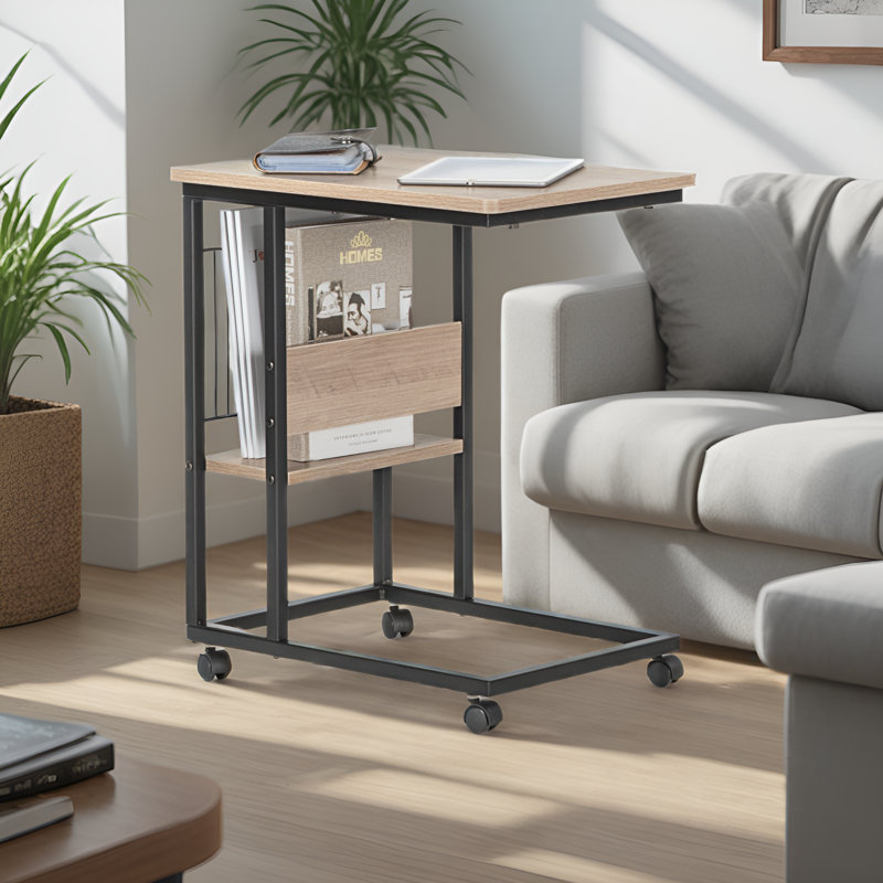 Jumelle Manufactured Wood and Iron C-Shape End Table with Drawer and Open Shelf, Gray