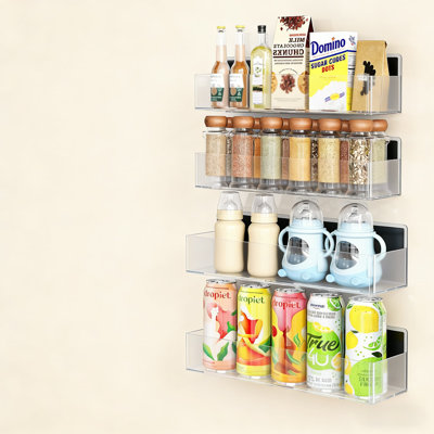Magnetic Spice Rack For Refrigerator Door - 4 Pack Clear Kitchen Organizer With Strong Hold, Space-Saving Storage Shelf For Spice Jars And Bottles