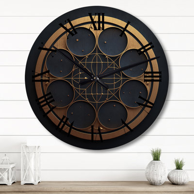 Très grande horloge murale moderne géométrique en bois - géométrie sacrée bleue et or I