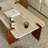 Beige + Brown Stone + Solid Wood Rectangular Coffee Table-1365111740