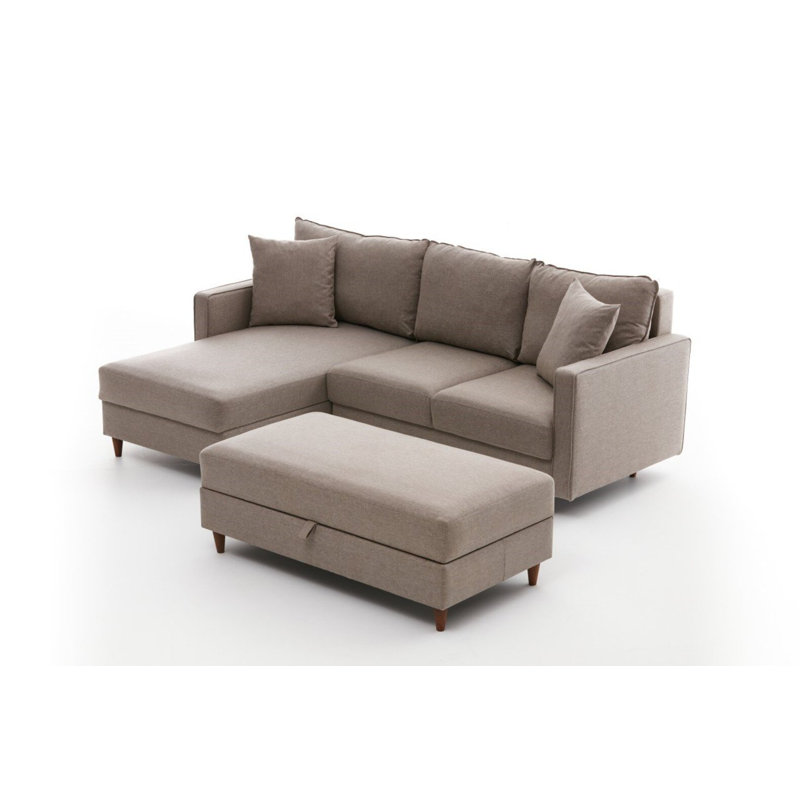 Modern Corner Sofa in Cream, 82 H x 83 D x 83 W | 100% Polyester Fabric, FIR Frame & Flakeboard | Features 28 DNS Foam for Comfort, Easy Clean Fabric, Includes Pouffe (45 W x 17 H x 33 D) | Stylish Scandinavian Design
