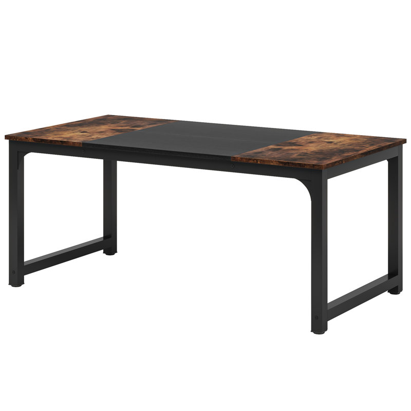 Rectangular Computer Desk With Wood Brown & Black Top And Black Metal Base For Home Work Area, 29.25" H x 62.4" W x 31.2" D