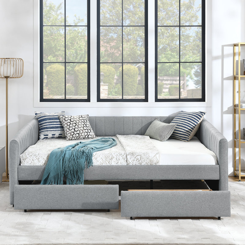 Queen daybed: upholstered sofa bed, two-drawer trundle, vertical stripes, linen fabric (86.5"x65"x30"), Gray