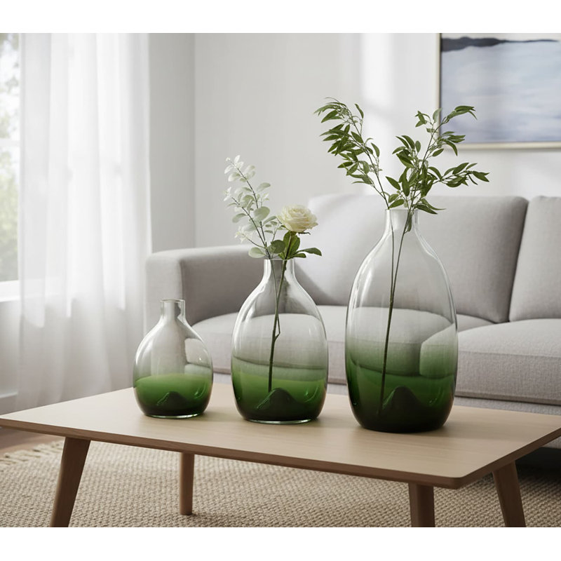 3-Piece Modern Green Glass Vase Set: 11" x 9" x 7"H | Decorative Centerpieces for Dining/Living Room, Green