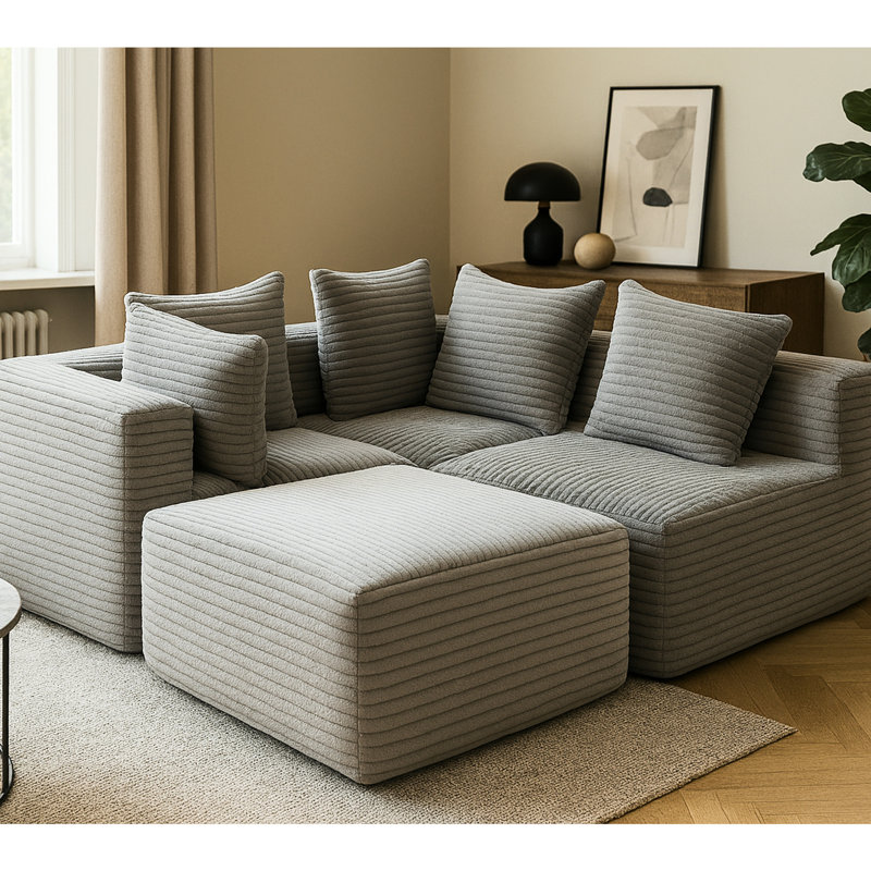 Compressé à 4 sièges gris avec velours côtelé doux, tout design, sans assemblage, ajustement modulaire pour les espaces de vie principaux Tissu en velours côtelé, flexibilité
