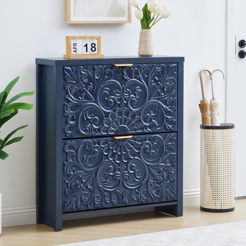 16 Pair Shoe Storage Cabinet With 2 Flip Drawers, Blue
