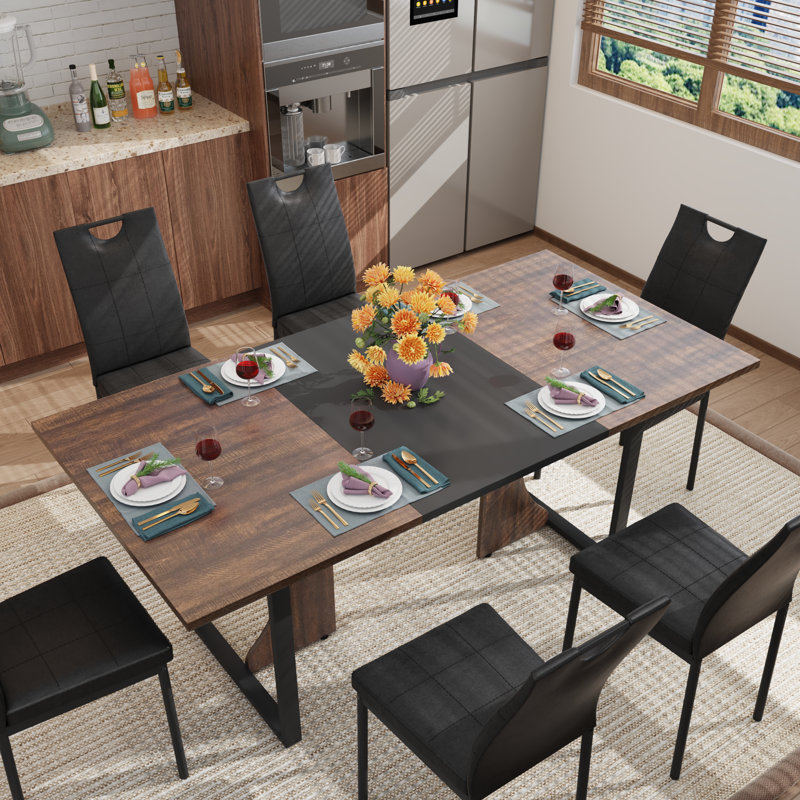 7-Piece Rectangle 71" Dining Table Sets With Adjustable Foot Pads For Dining Room, Restarant, Or Canteen