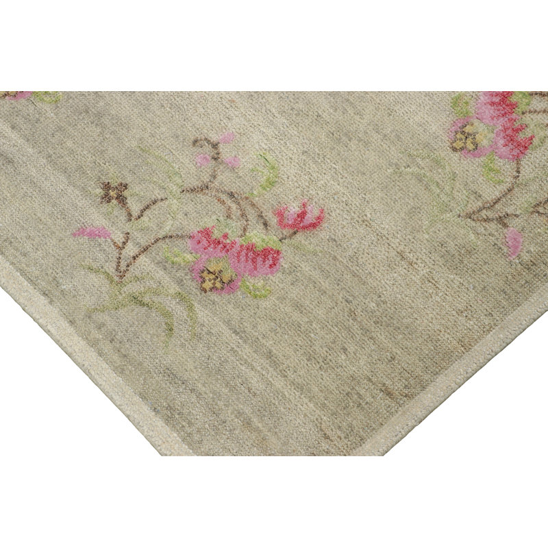 Rug & Kilim’S Block Print Rug, Taupe With Whimsical And Vibrant Floral Patterns, Runner 3' x 10'