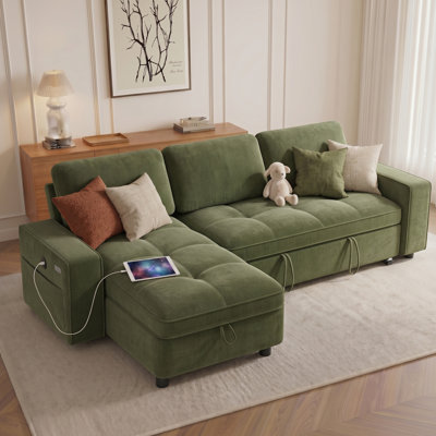 81" L-Shaped Chenille Sleeper Sofa With Storage Chaise, 3-Level Adjustable Back, USB & Type-C Ports, Easy Tool-Free Assembly