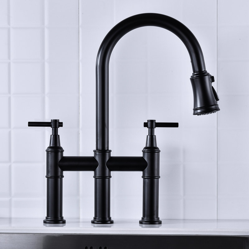 Matte Black Kitchen Faucet With Pull-Down Feature - Dual Handles For Accurate Water Management 360-Degree Rotatable High Nozzle Enlarged Cleaning Zone Brass Build Reliability Bridge Functionality