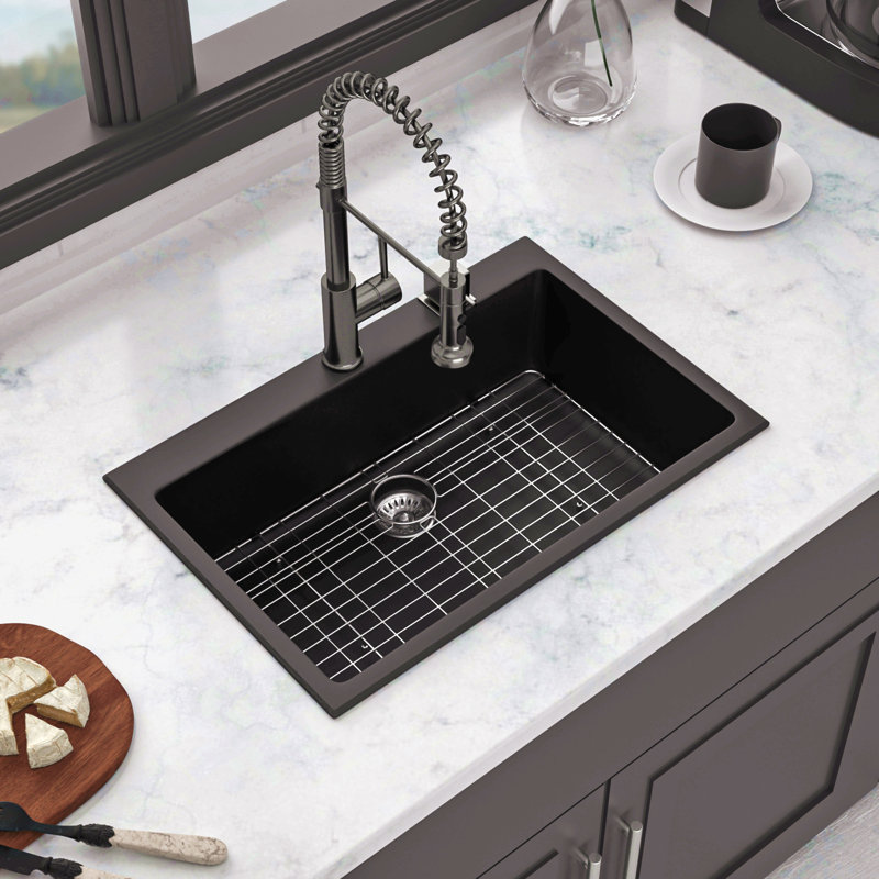 Évier de cuisine en quartz - Évier de cuisine encastré en granite noir 33 x 22 po, Noir