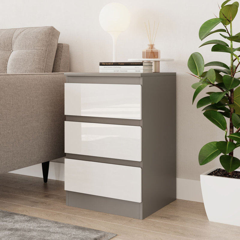 Gloss 3 Drawer Skagen High Wooden Bedroom Chest Cabinet No Handle Drawer Storage, Grey/White
