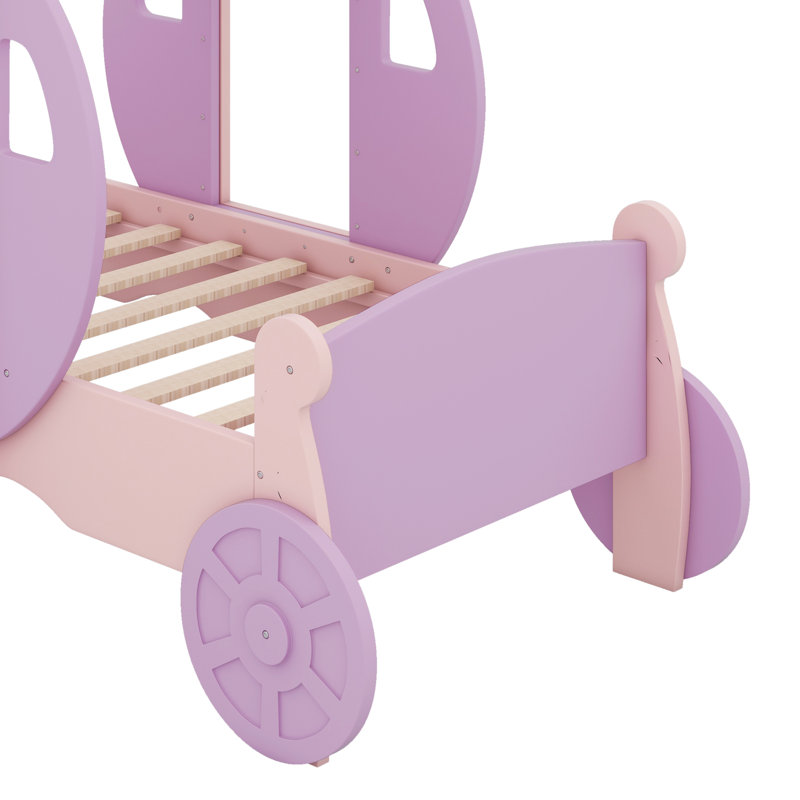 Lit simple de style princesse avec couronne, lit plateforme voiture en bois avec escalier, Mauve / Rose