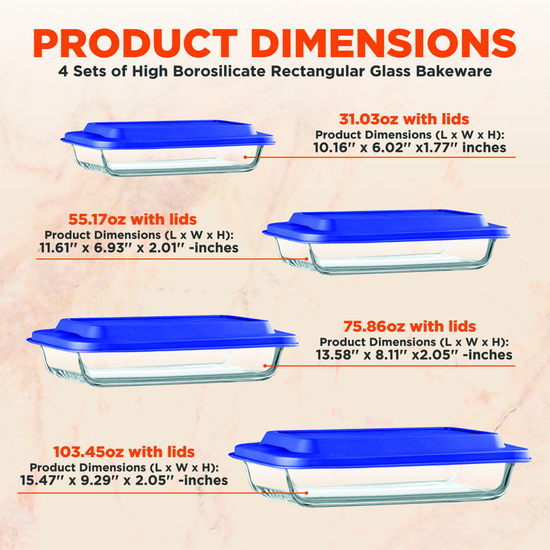 4 Sets Of High Borosilicate Rectangular Glass Bakeware Set With PE Lid, Blue