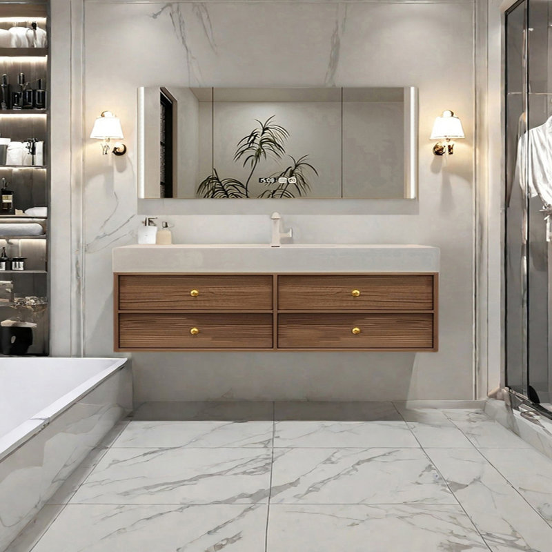 Middle ancient style intelligent bathroom cabinet, H 21,65 po x l 66,92 po x P 21,65 po, Burlywood
