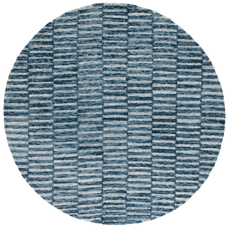 Madelline Ebony Hand Tufted Wool Cotton Striped Rug in Navy/Light Blue, Round 6'